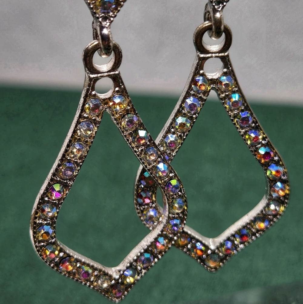 Silver Tone Multicolor AB Rhinestones Drop Earrings - Picture 13 of 16